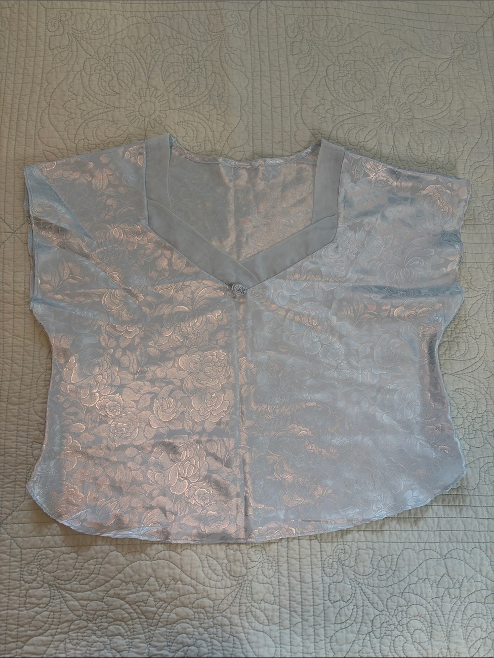Women's Light Blue Floral Satin V-Neck Top